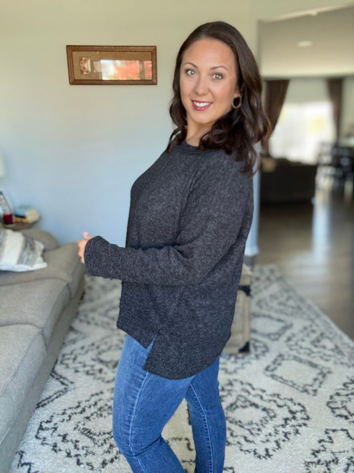 Zenana Full Size Brushed Hacci Exposed Seam Hi Low Sweater in Black