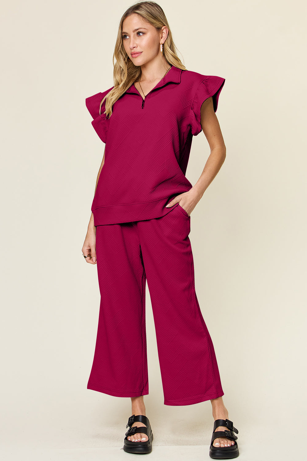 Textured Ruffle Short Sleeve Top and Cropped  Wide Leg Pants Set in 12 Colors