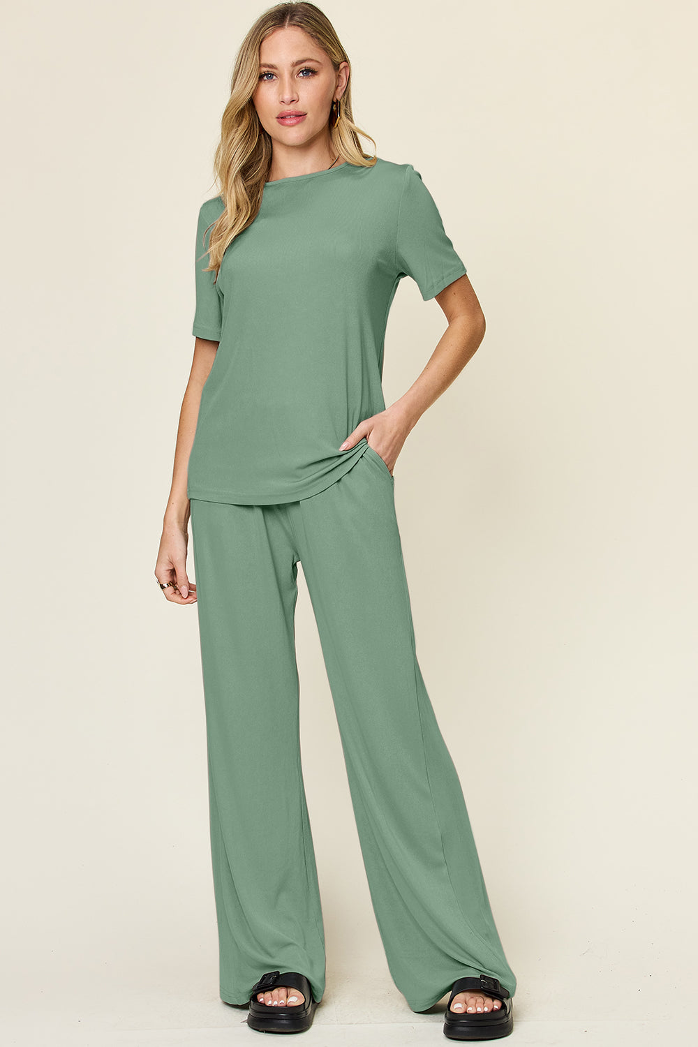 Slinky Short Sleeve Shirt and Wide Leg Pants Set in 4 Colors