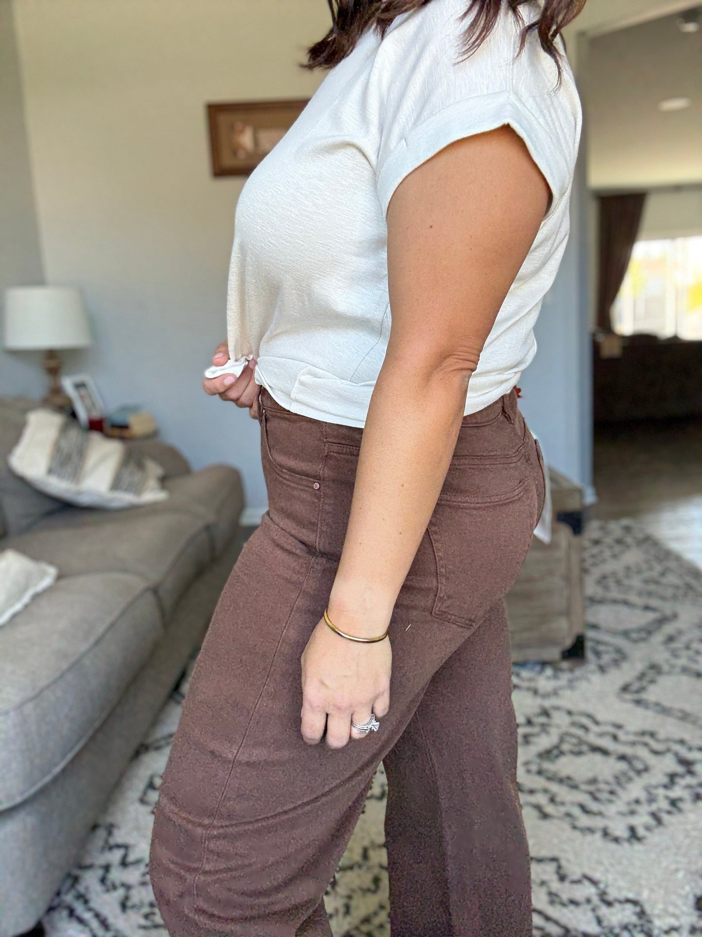 RISEN Full Size Tummy Control Mid Rise Ankle Relaxed Barrel Jeans in Cocoa
