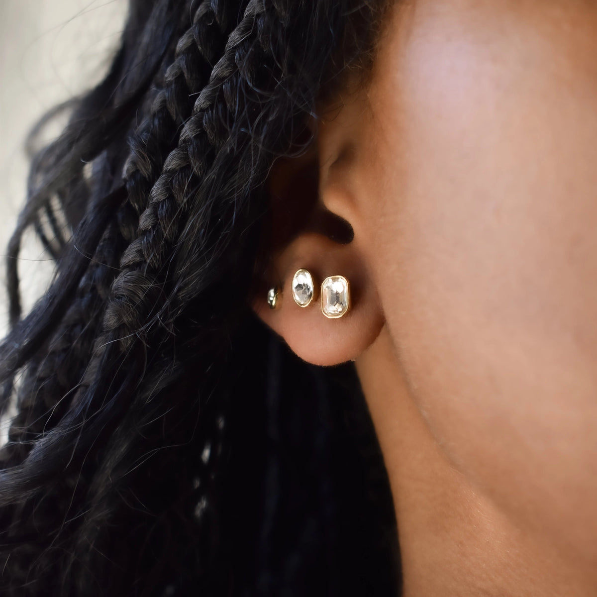 PREORDER Sis Kiss Bezel Set Solitaire Earring - Emerald Cut in Gold