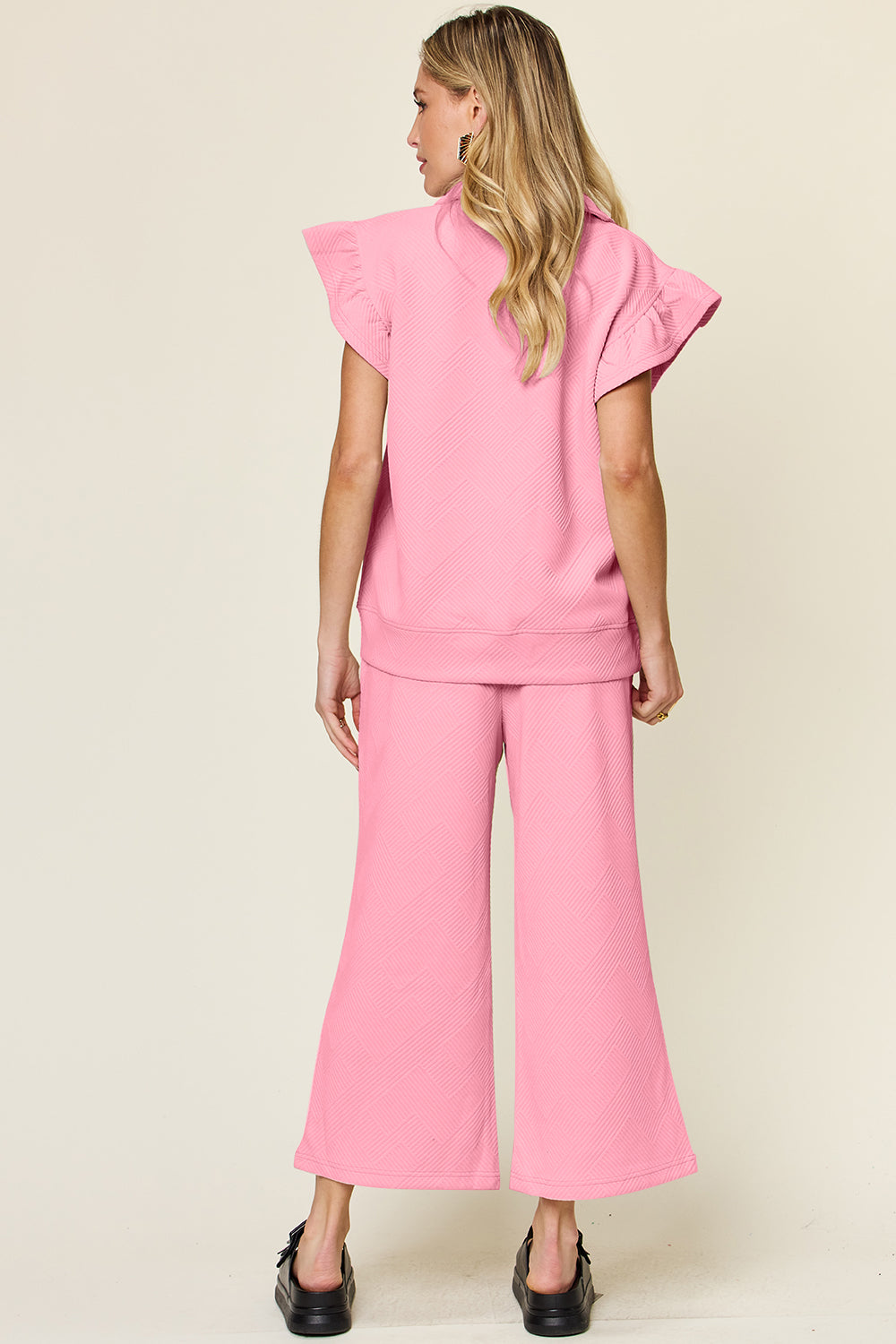 Textured Ruffle Short Sleeve Top and Cropped  Wide Leg Pants Set in 12 Colors