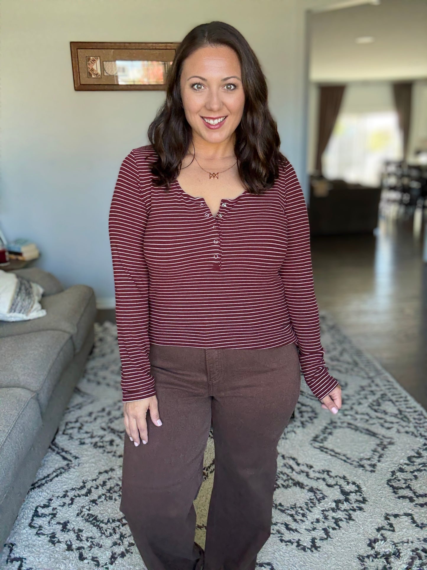 Michelle Mae Striped Henley Long Sleeve - Burgundy