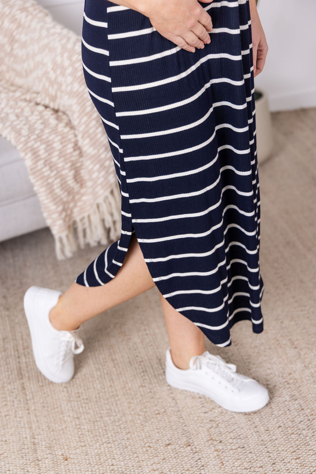 Michelle Mae Reagan Ribbed Midi Dress - Midnight Navy Stripes
