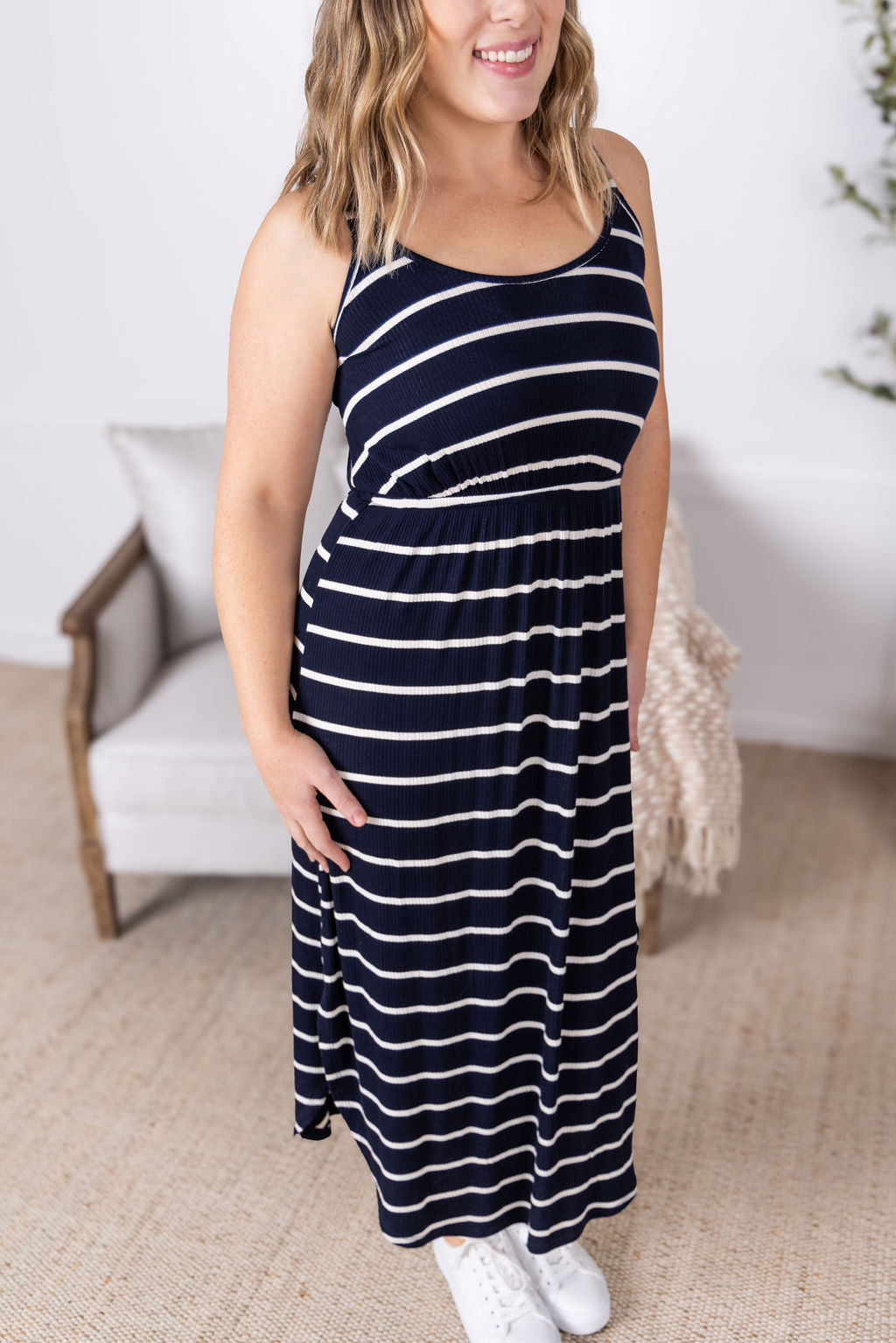 Michelle Mae Reagan Ribbed Midi Dress - Midnight Navy Stripes