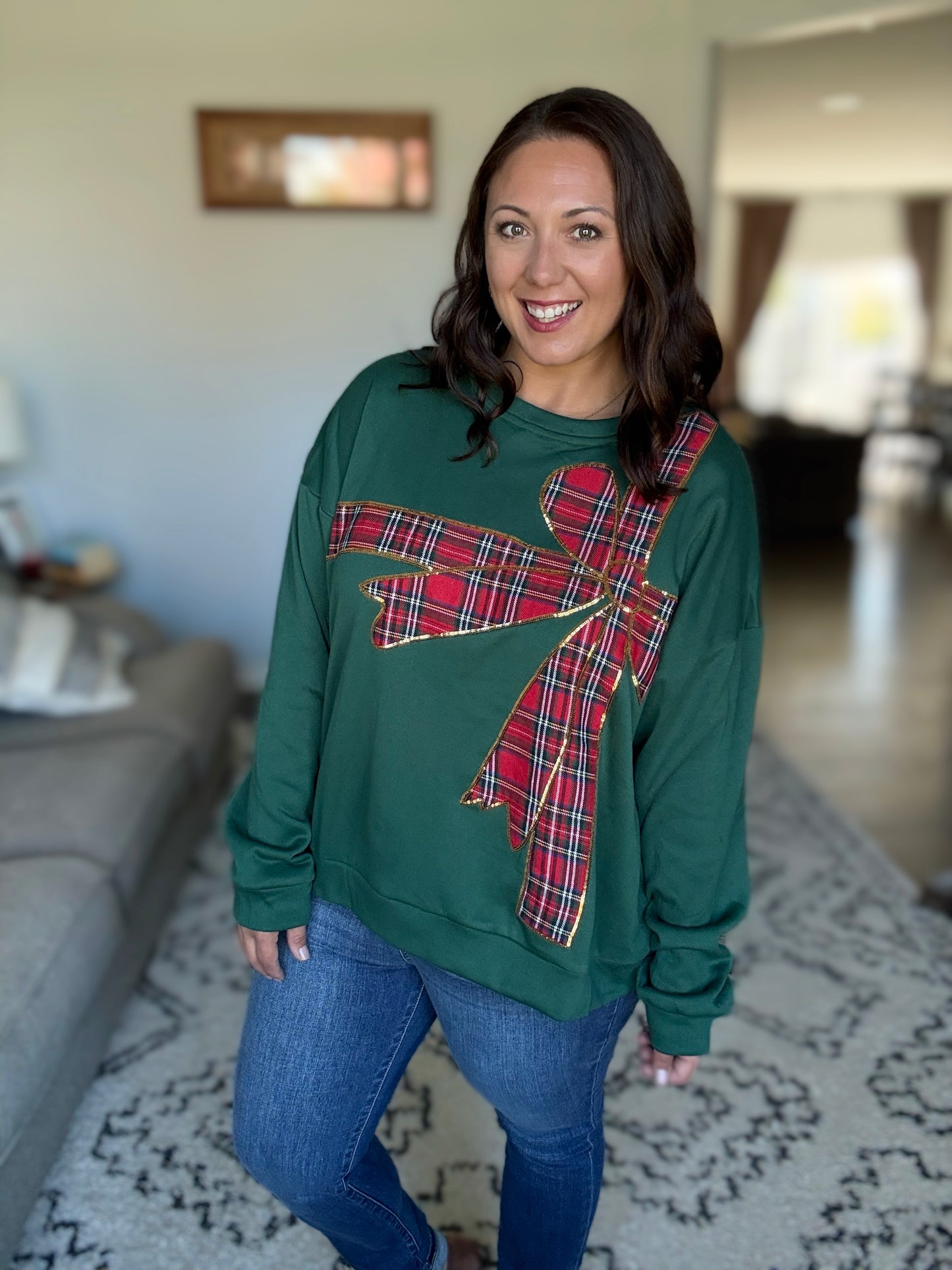 BiBi Sequin Plaid Bowl Christmas Fleece Pullover