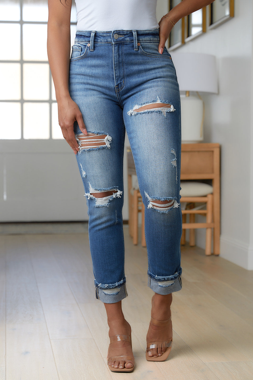 Sample: Belinda High Rise Distressed Straight Jeans