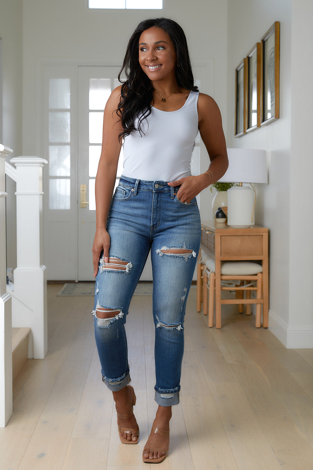 Sample: Belinda High Rise Distressed Straight Jeans