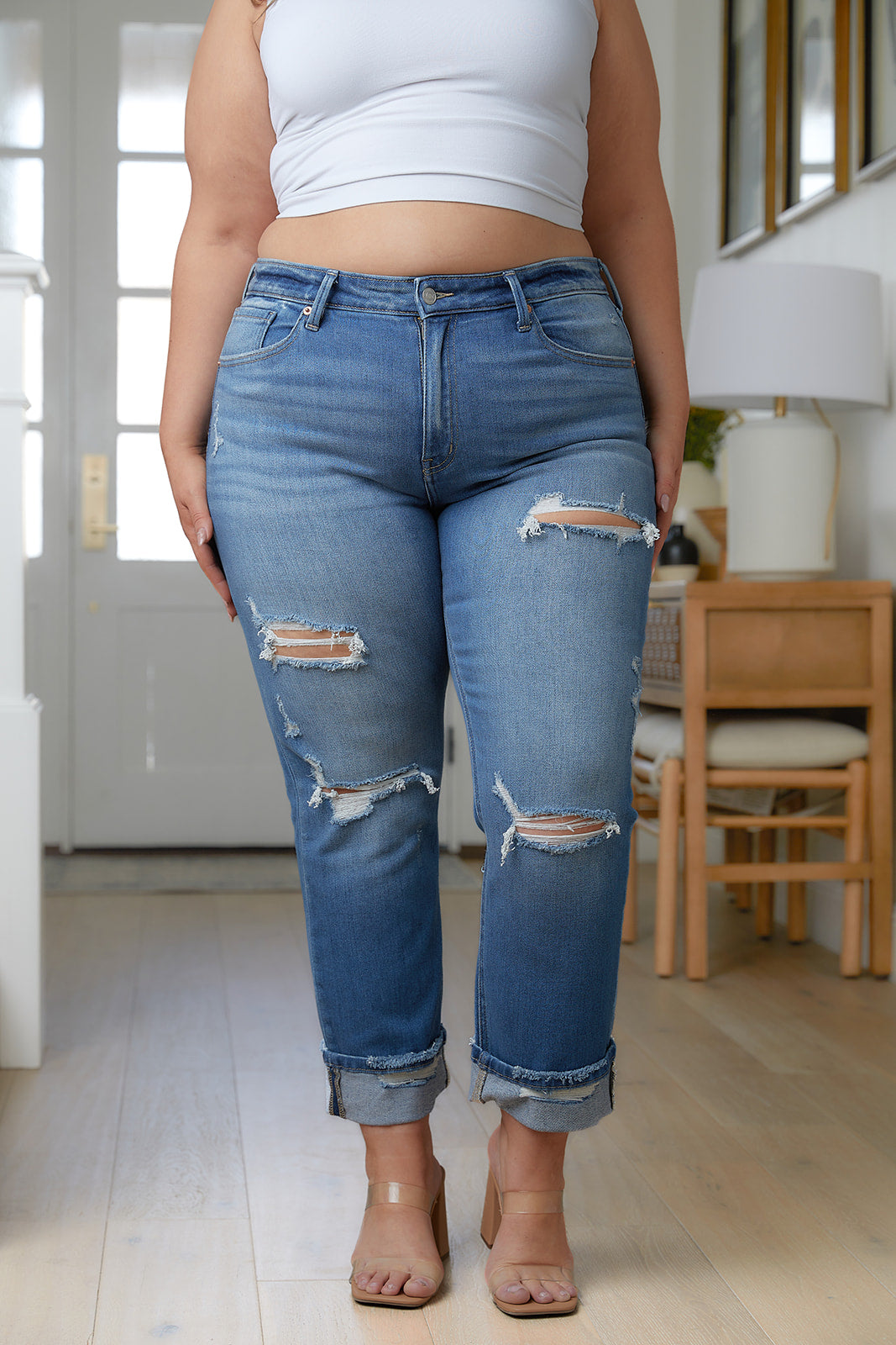 Sample: Belinda High Rise Distressed Straight Jeans