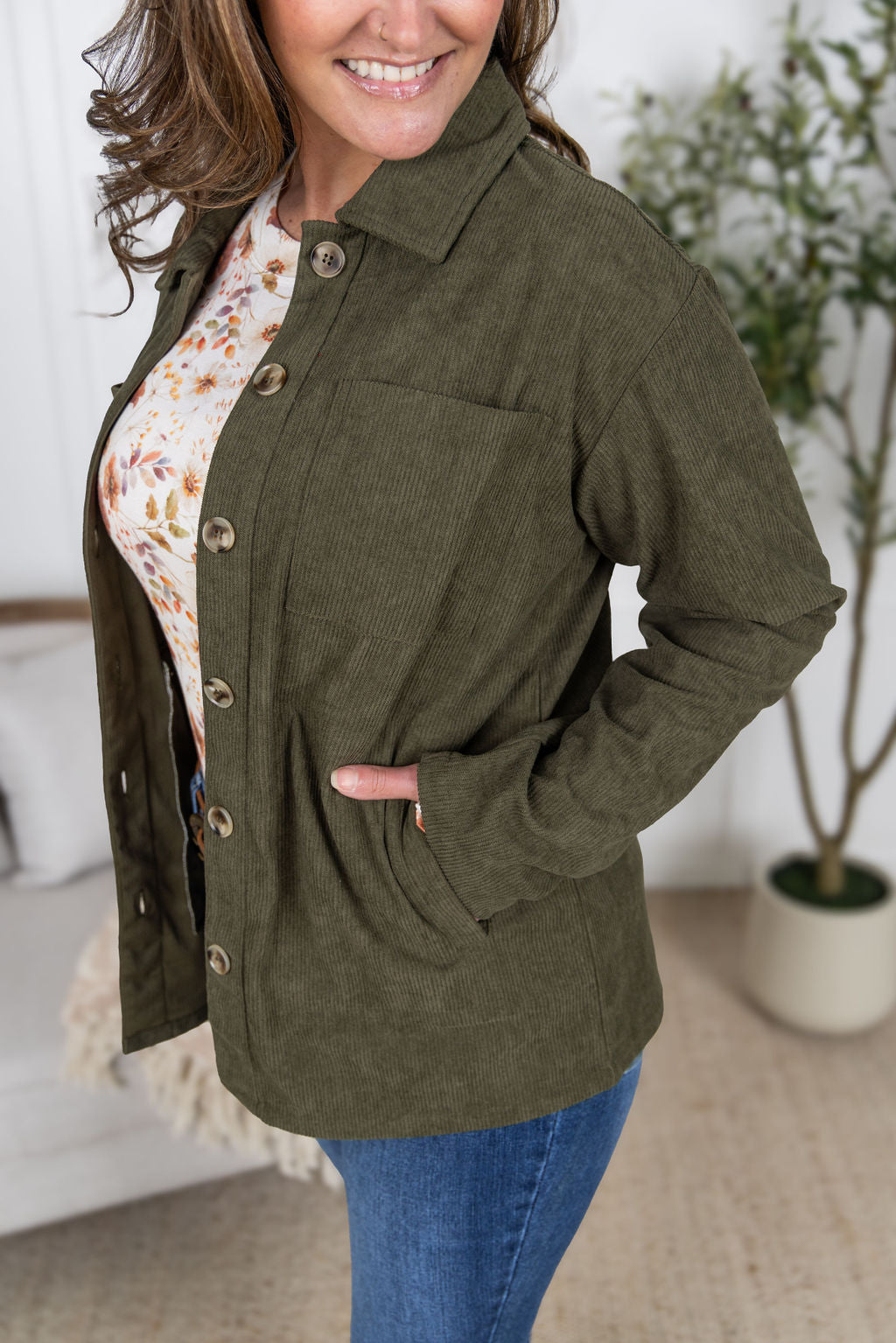 Michelle Mae Lightweight Corduroy Button Down - Olive