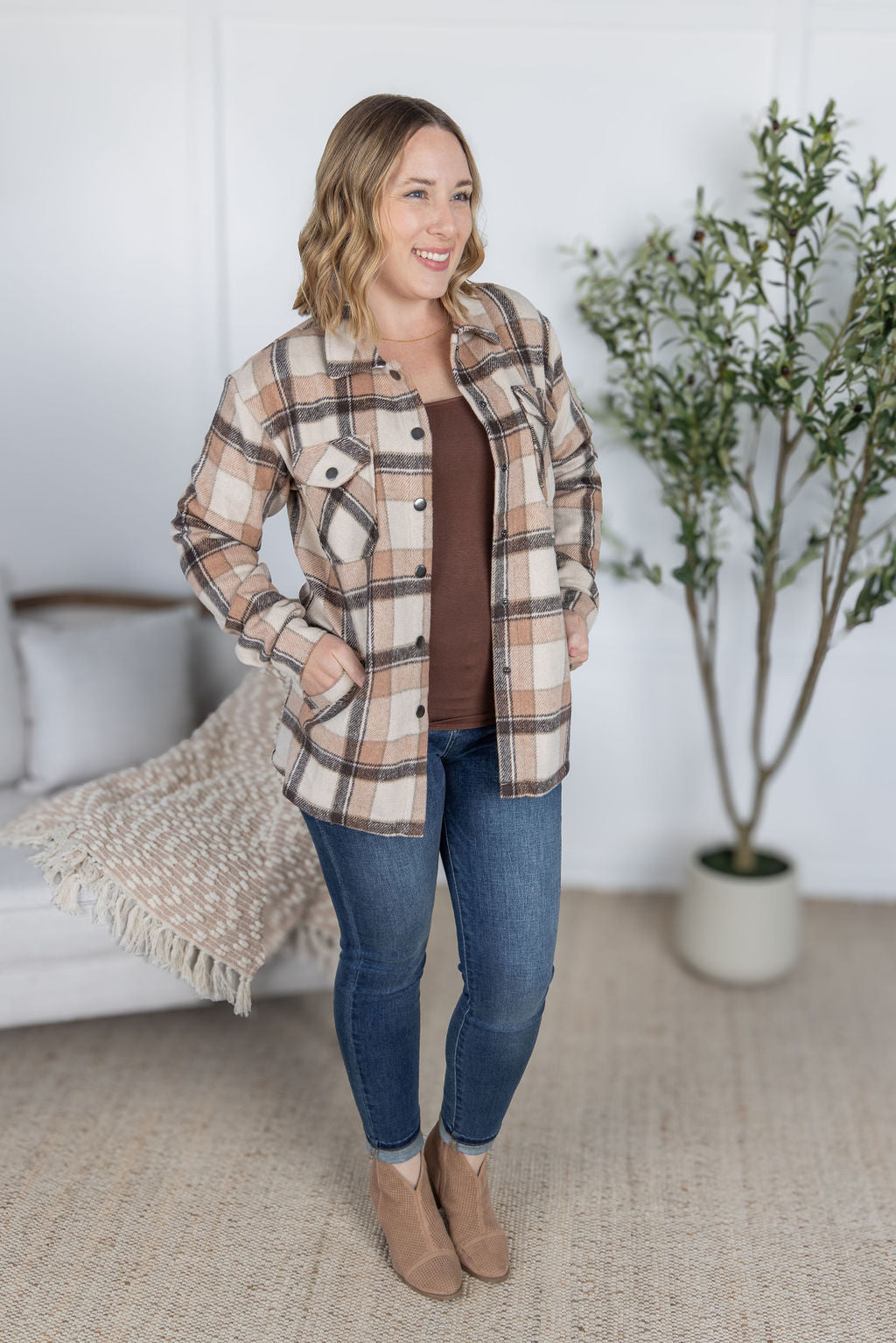 Michelle Mae Norah Plaid Shacket - Beige Mix Plaid
