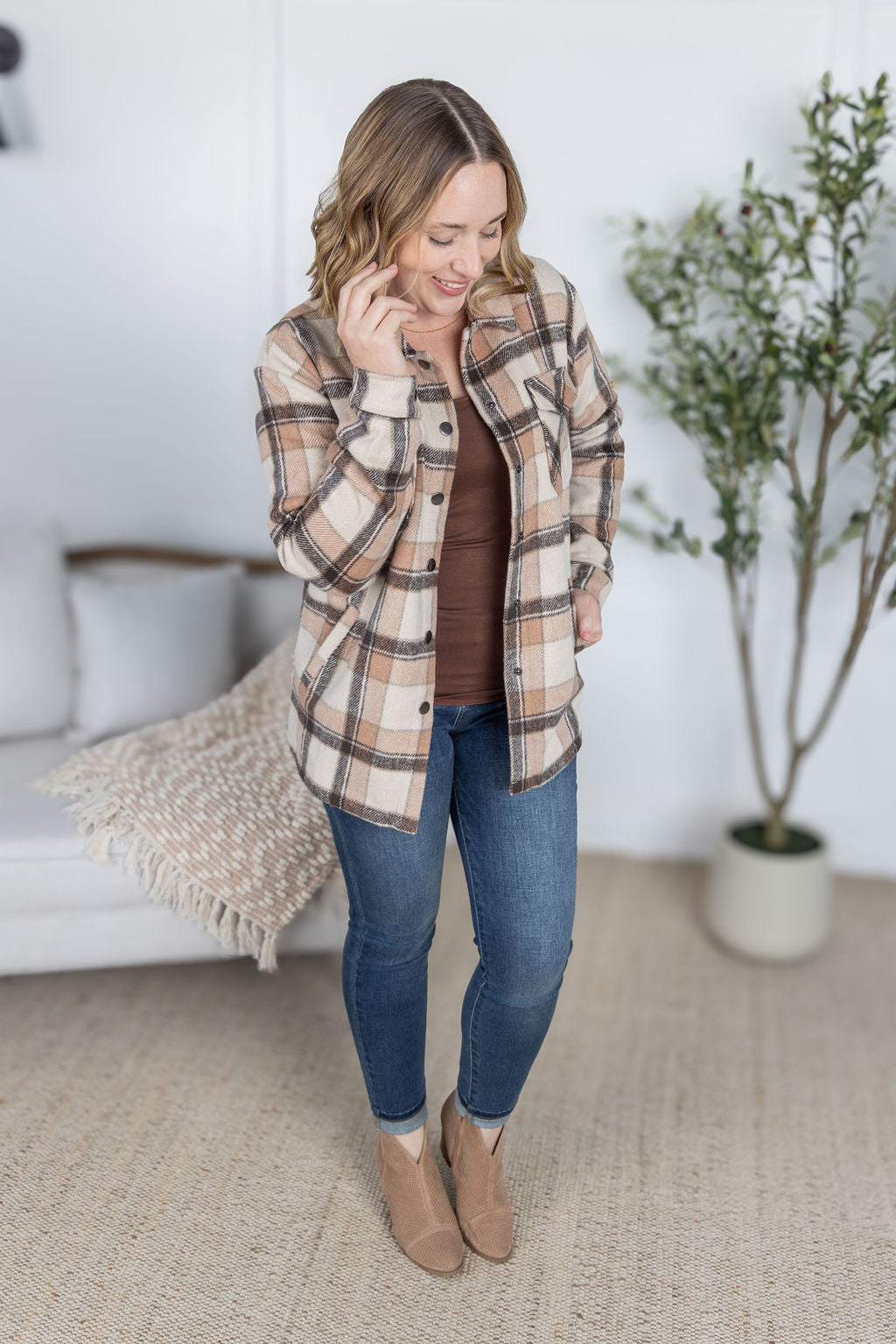 Michelle Mae Norah Plaid Shacket - Beige Mix Plaid