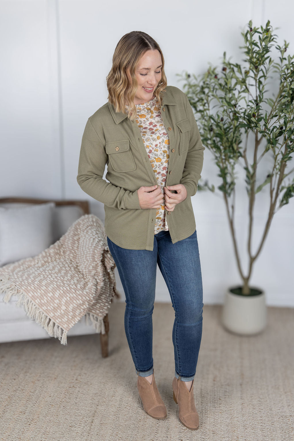 Michelle Mae Thermal Knit Button Top - Light Olive