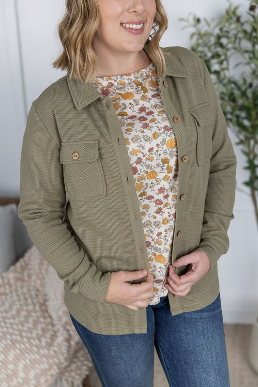 Michelle Mae Thermal Knit Button Top - Light Olive