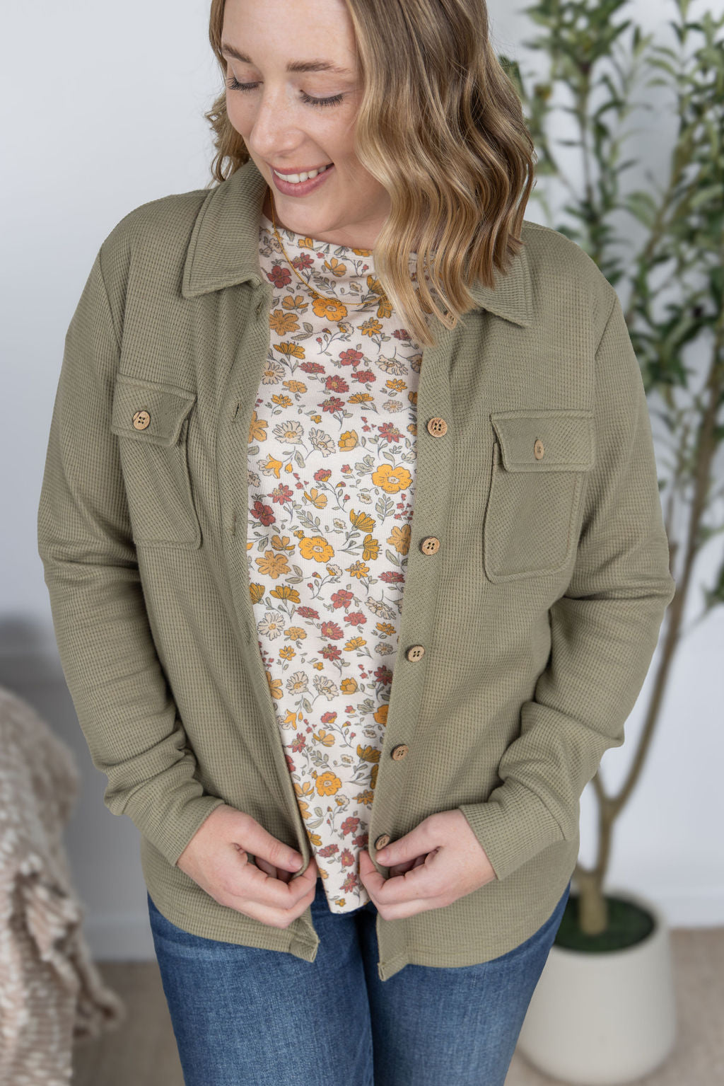 Michelle Mae Thermal Knit Button Top - Light Olive