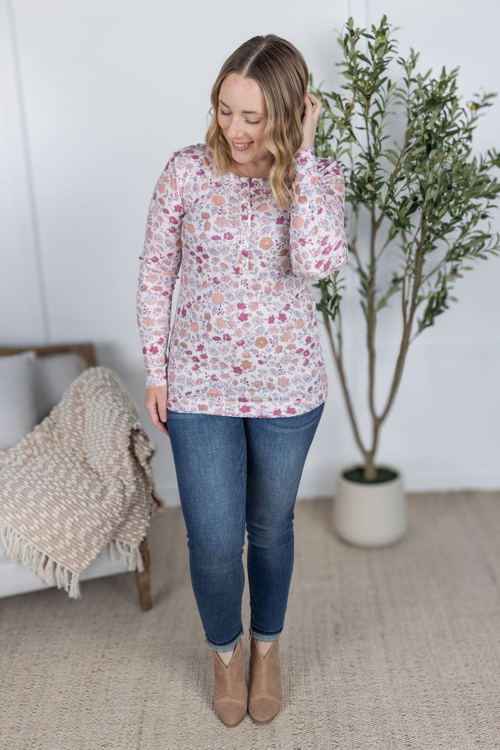 Michelle Mae Button Snap Henley Top - Pink Fall Vintage Floral