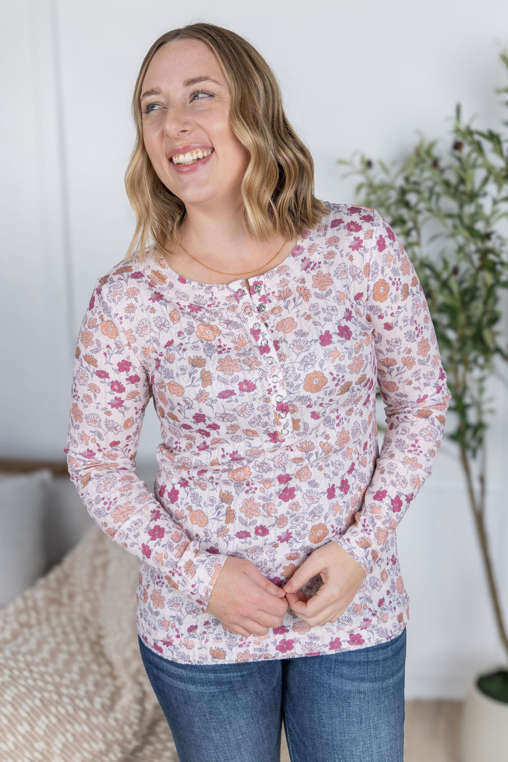 Michelle Mae Button Snap Henley Top - Pink Fall Vintage Floral