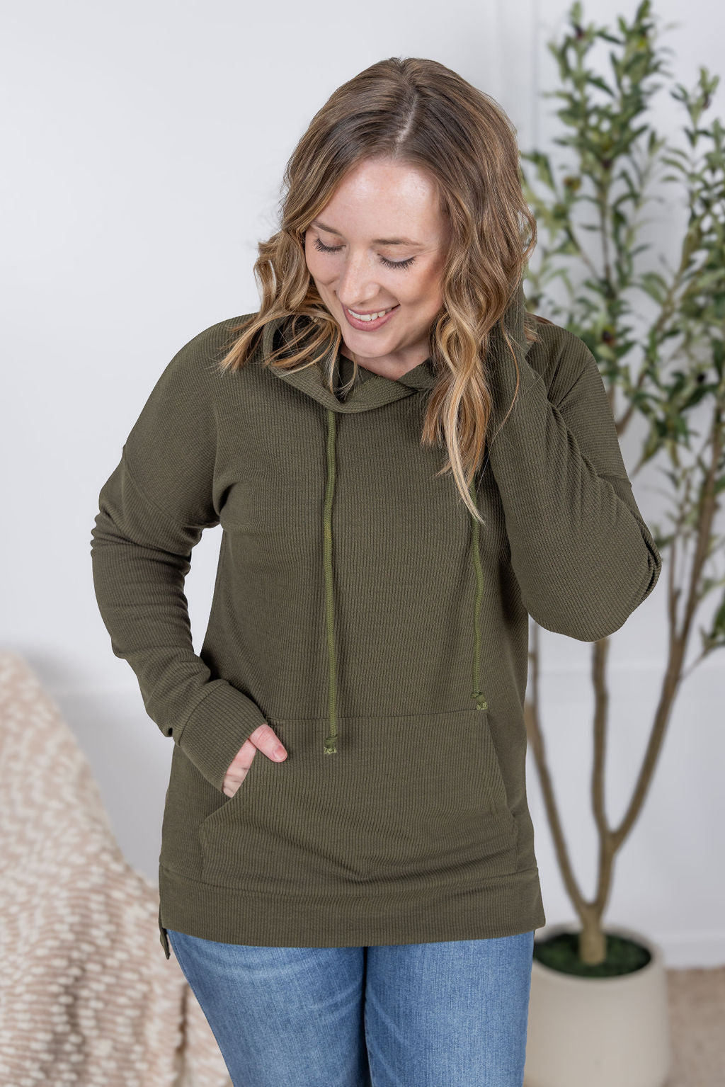 Michelle Mae Kacey Ribbed Hoodie - Olive