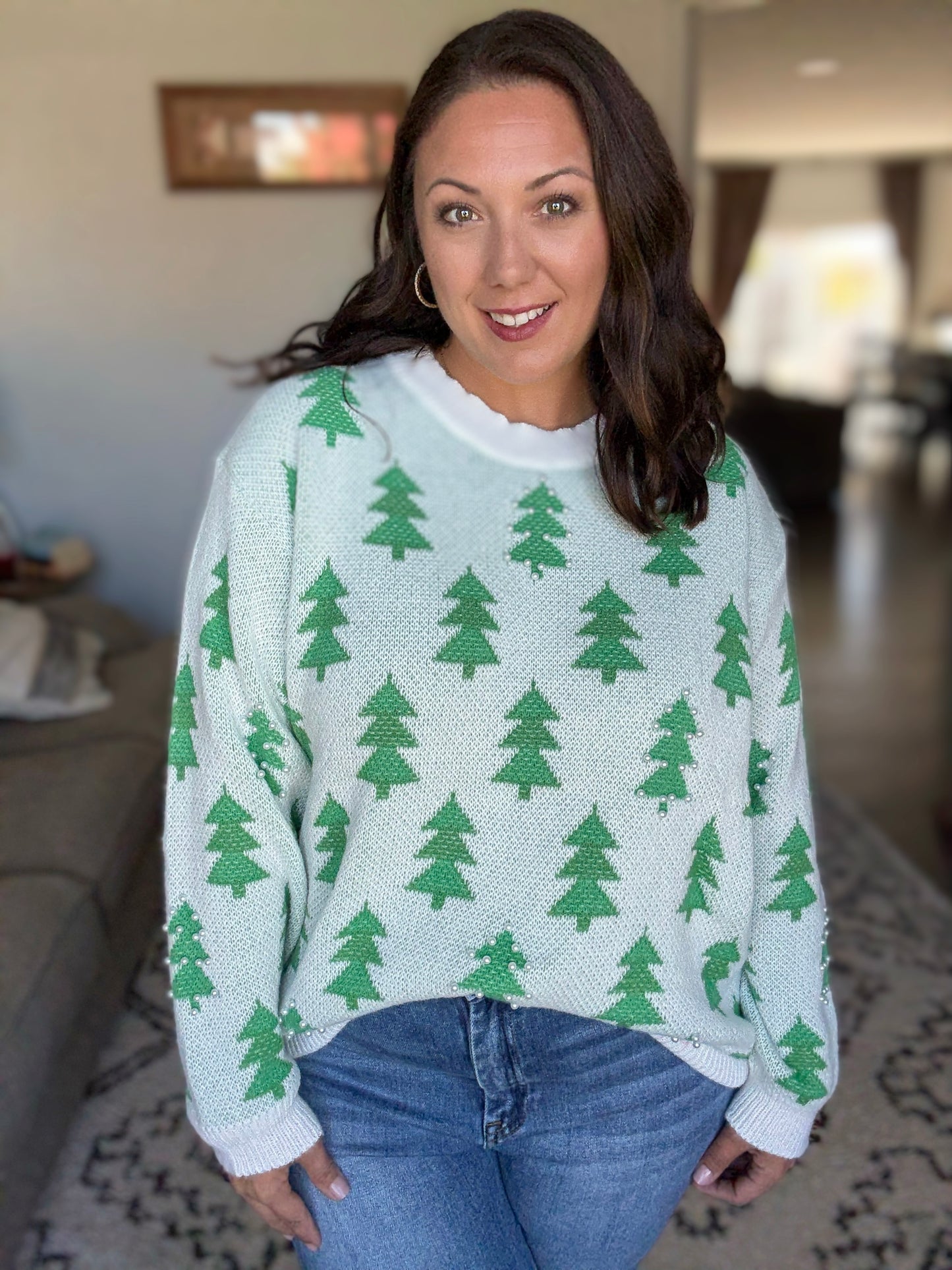 BiBi Pearl Detail Christmas Tree Jacquard Sweater
