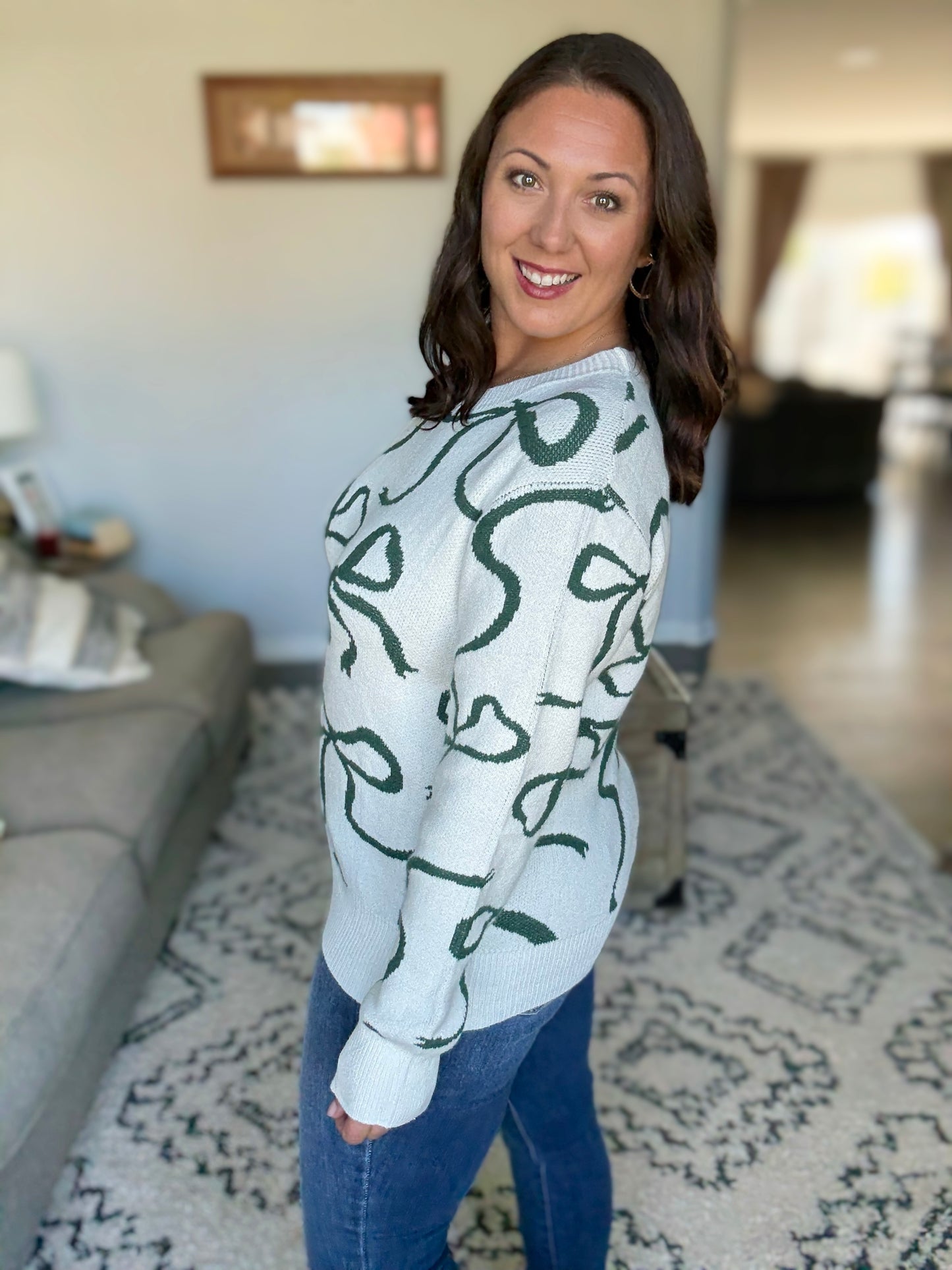 Michelle Mae Ribbons Sweater - Ivory and Hunter Green