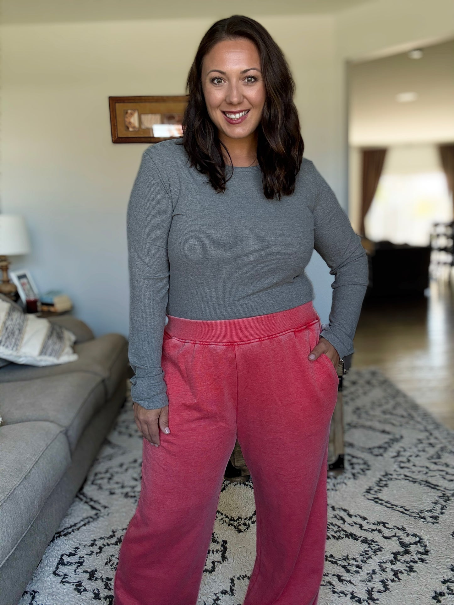 Michelle Mae Wide Leg Vintage Wash Bottoms - Red