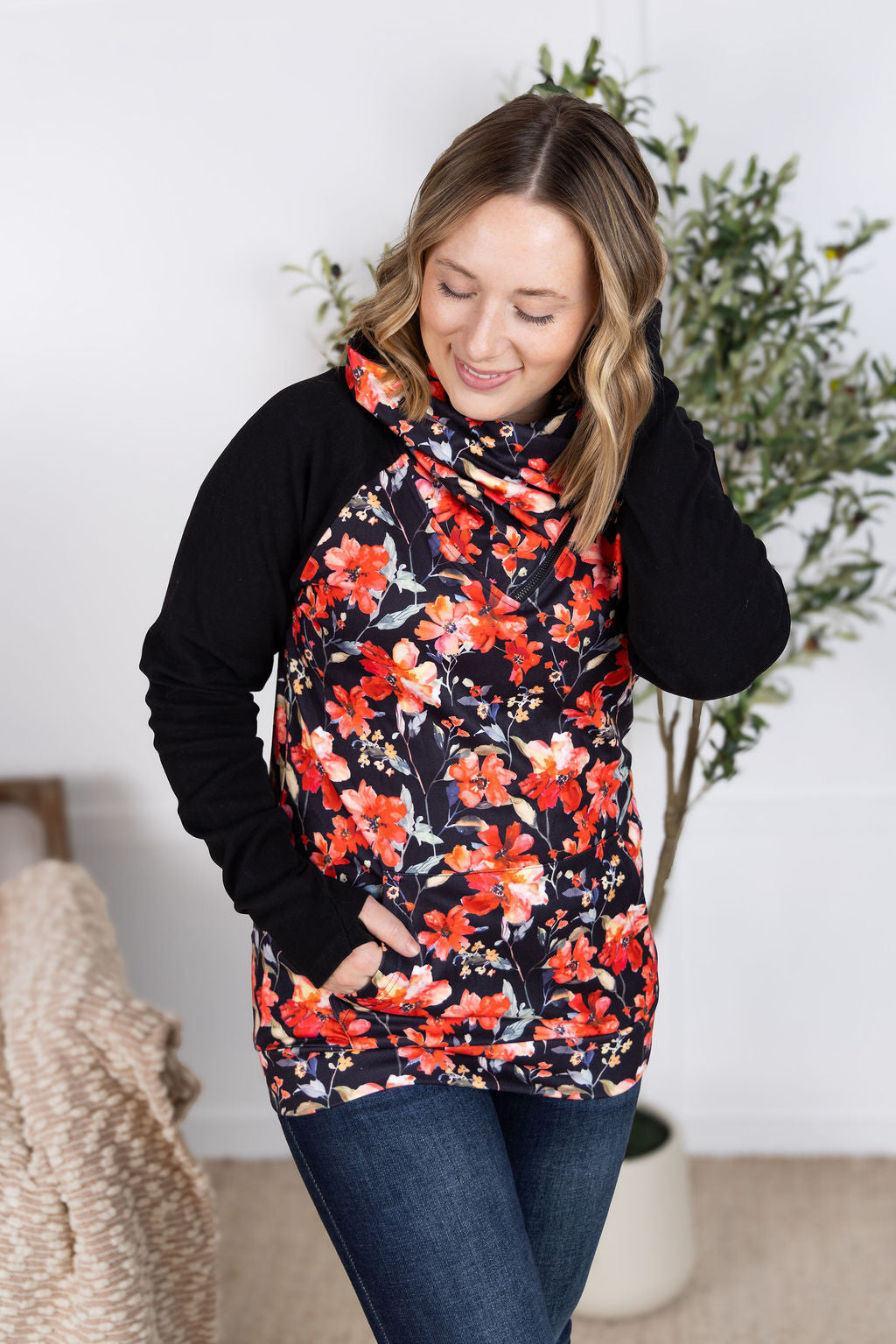 Michelle Mae Zoey ZipCowl Sweatshirt - Sunset Floral