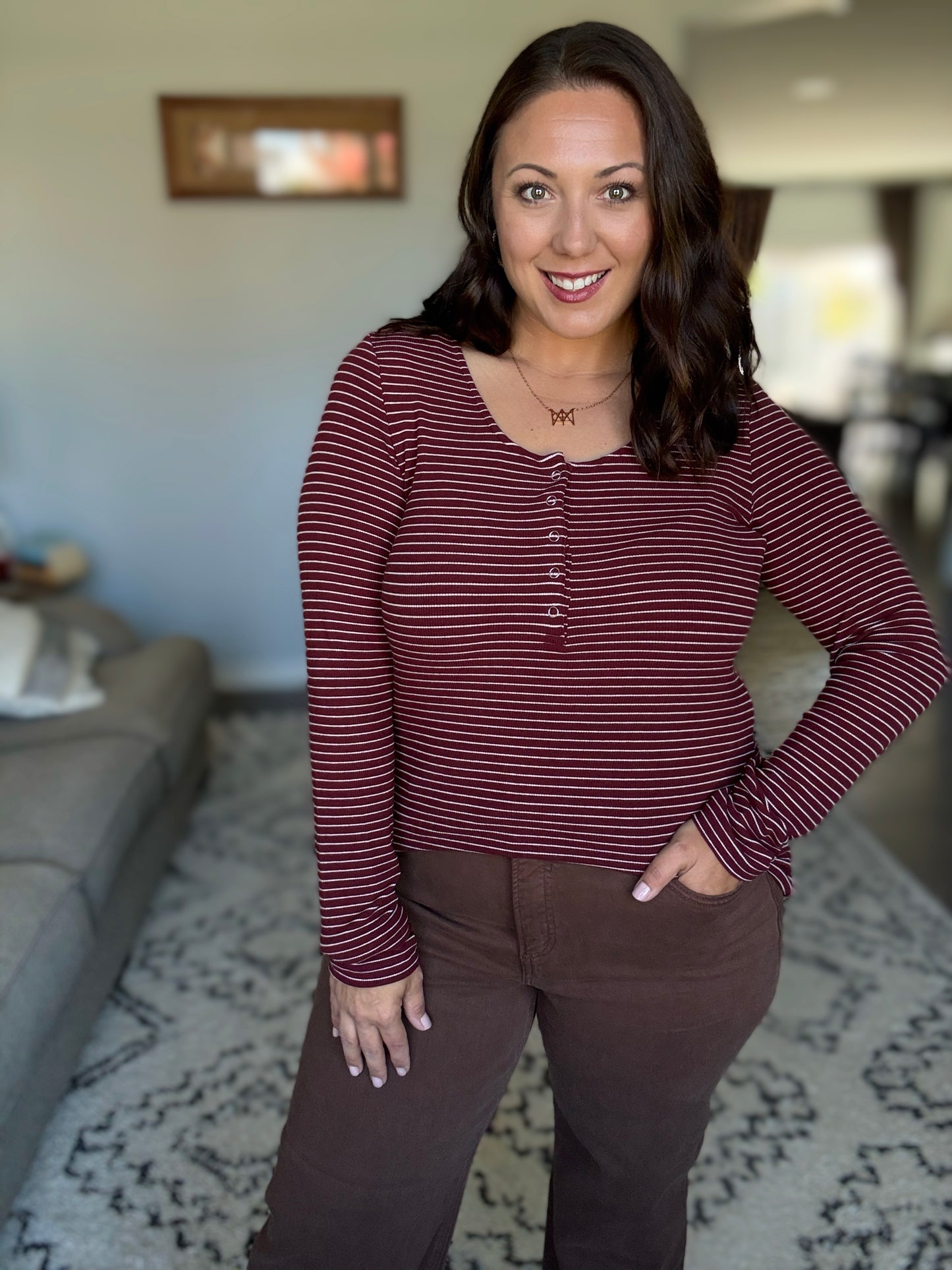 Michelle Mae Striped Henley Long Sleeve - Burgundy