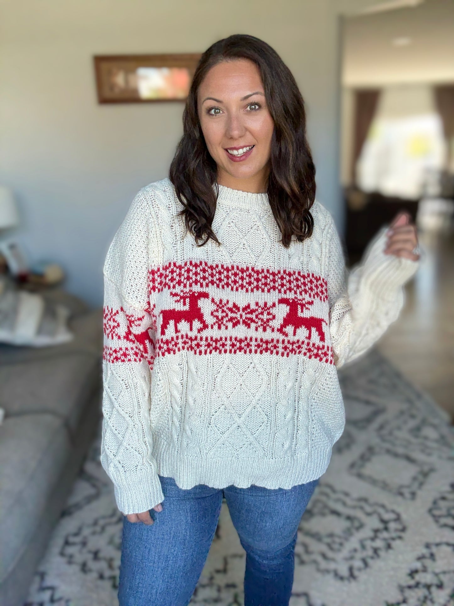 BiBi Christmas Theme Fair Isle Cable Knit Sweater in Ivory/Red