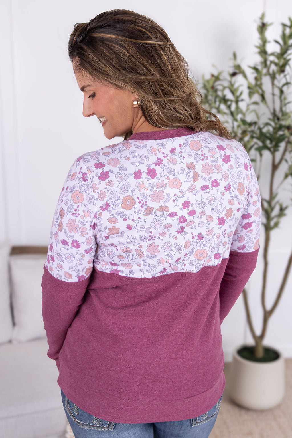 Michelle Mae Natalie Pullover Pink Fall Vintage Floral and Raspberry