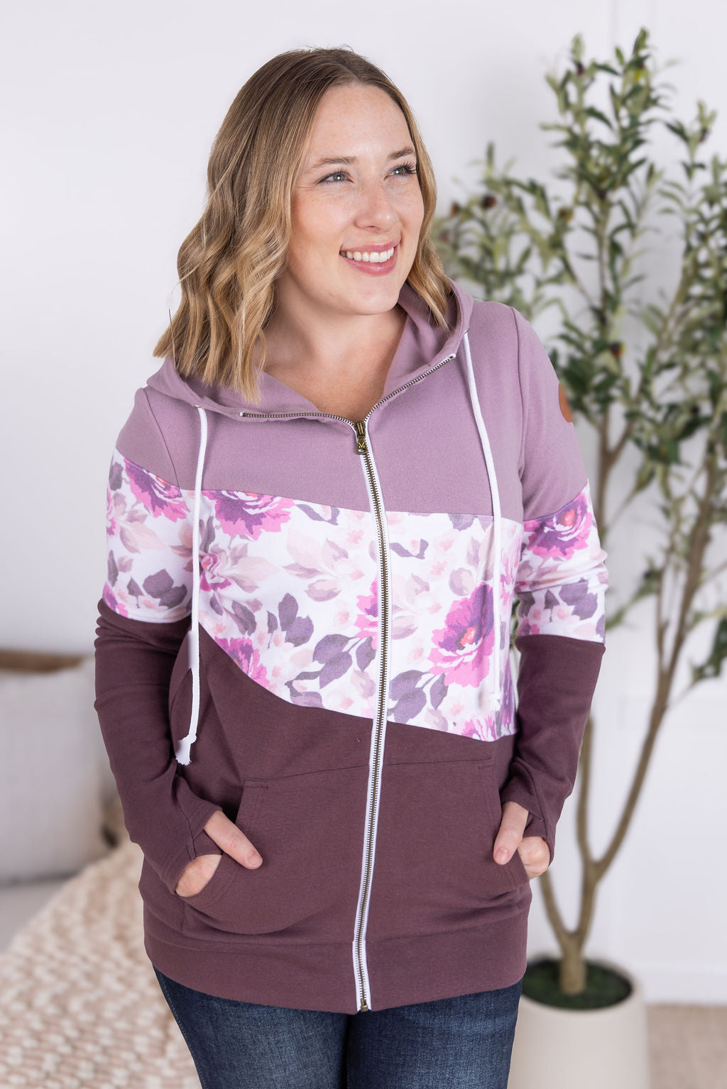 Michelle Mae Colorblock Fullzip - Purple, Autumn Blossom, and Plum