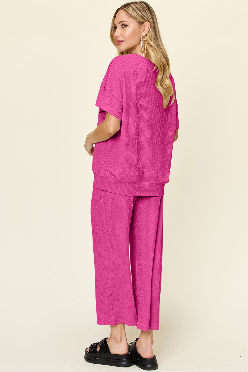 Ribbed Short Sleeve Shirt and Wide Leg Pants Set in in 6 Colors