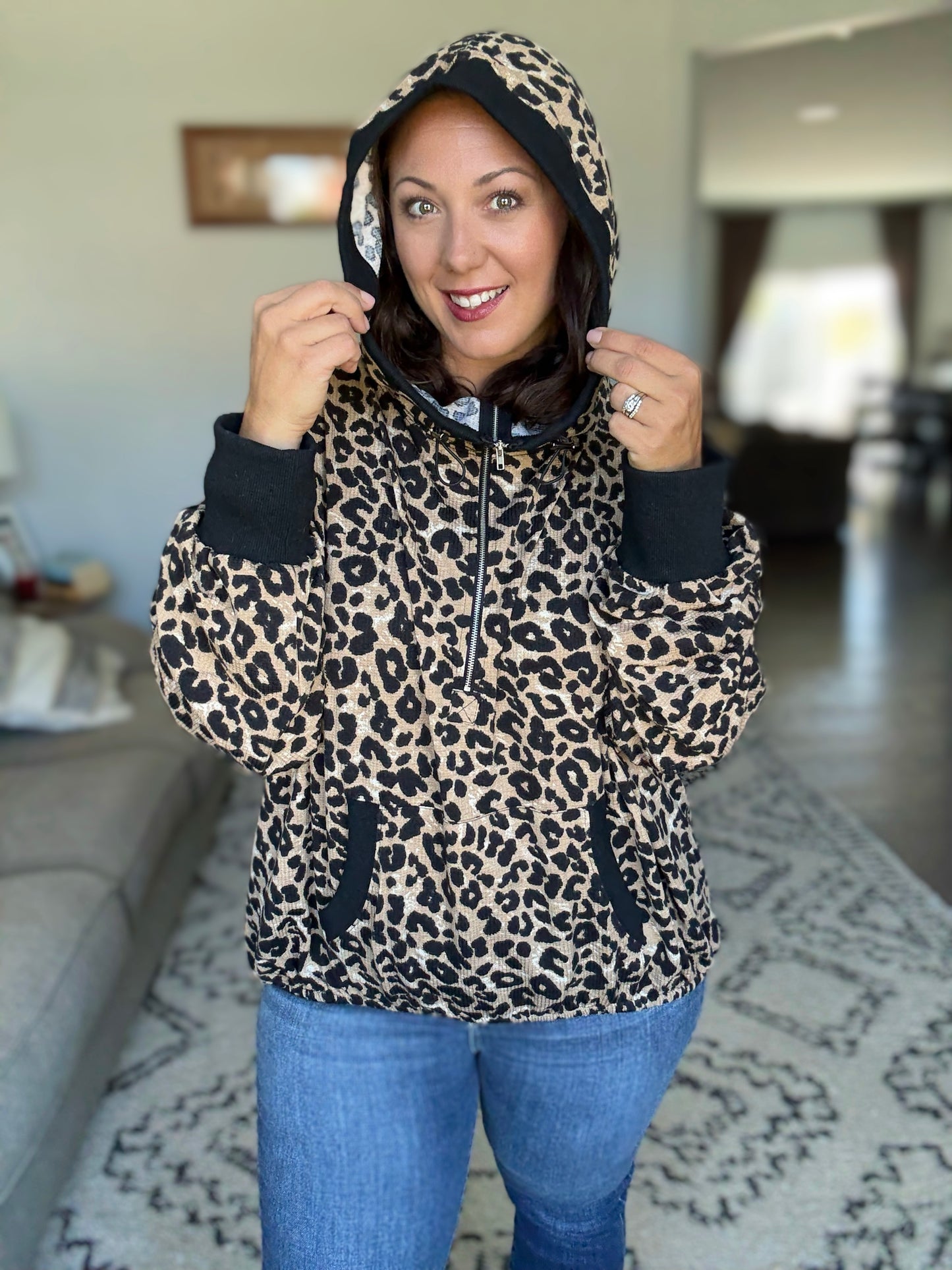 BiBi Leopard Print Textured Half Zip Up Hoodie