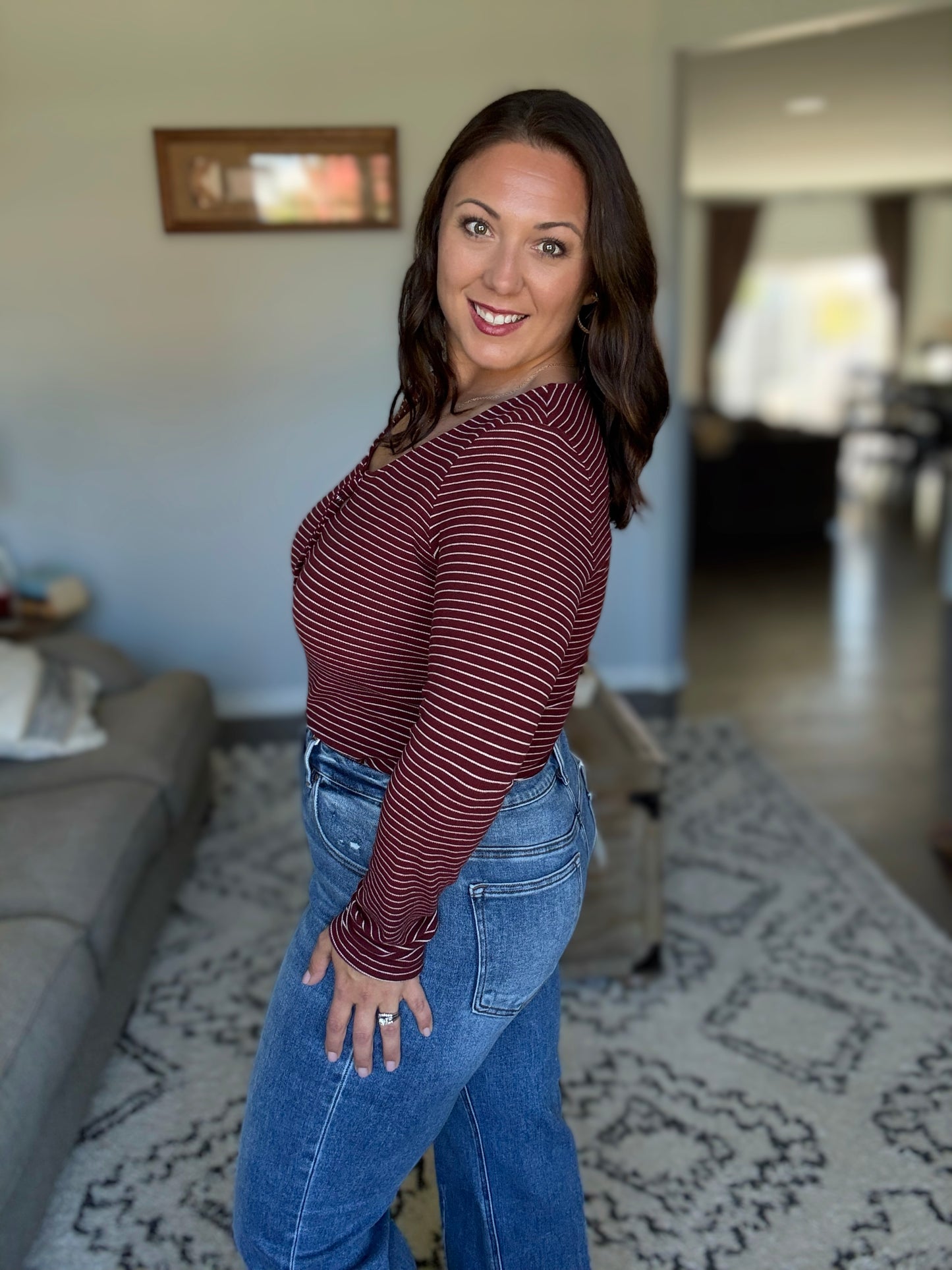Michelle Mae Striped Henley Long Sleeve - Burgundy