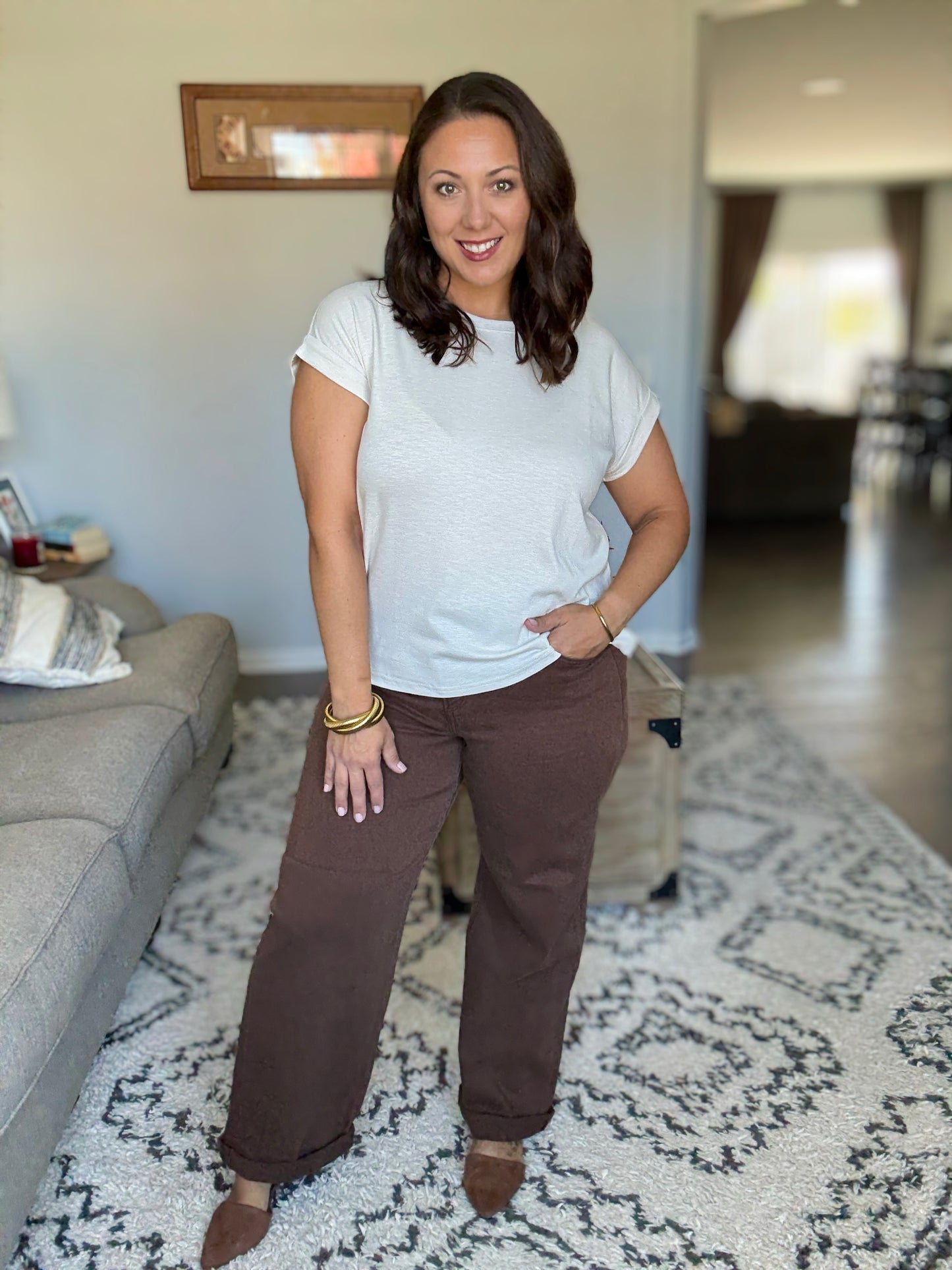 RISEN Full Size Tummy Control Mid Rise Ankle Relaxed Barrel Jeans in Cocoa