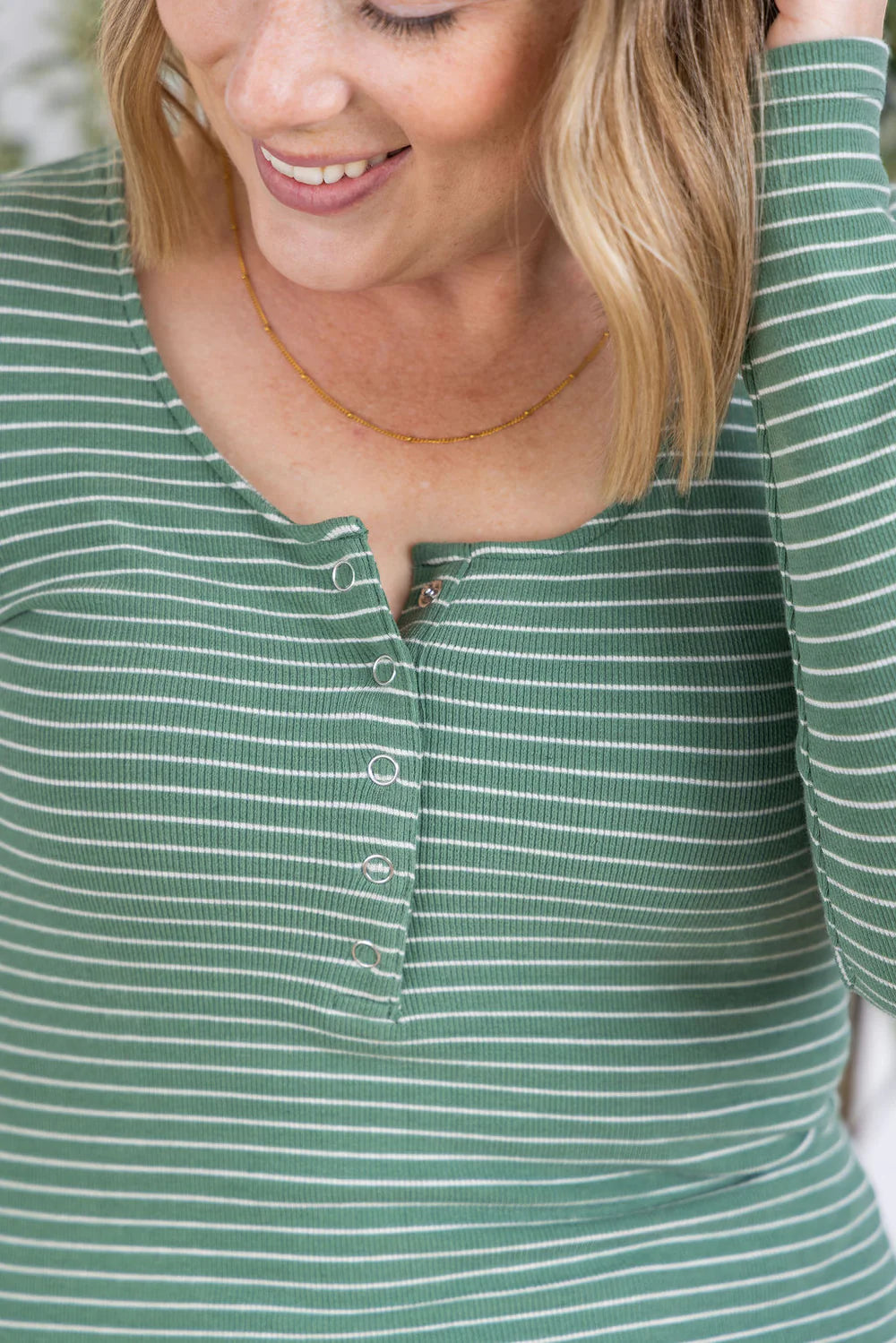 Michelle Mae Striped Henley Long Sleeve - Fern