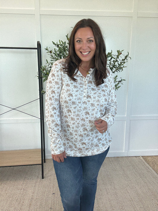 Michelle Mae Button Snap Henley Top - Tan Micro Floral
