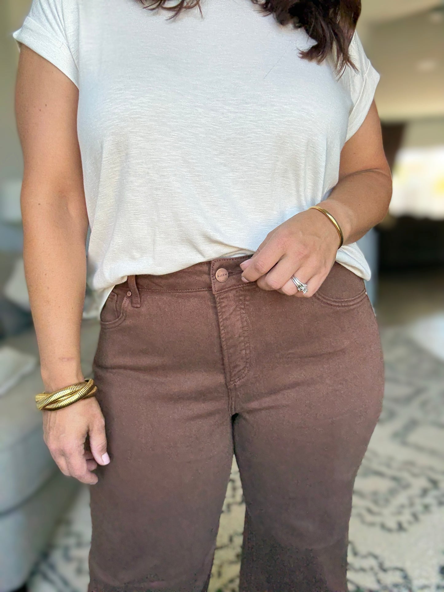 RISEN Full Size Tummy Control Mid Rise Ankle Relaxed Barrel Jeans in Cocoa