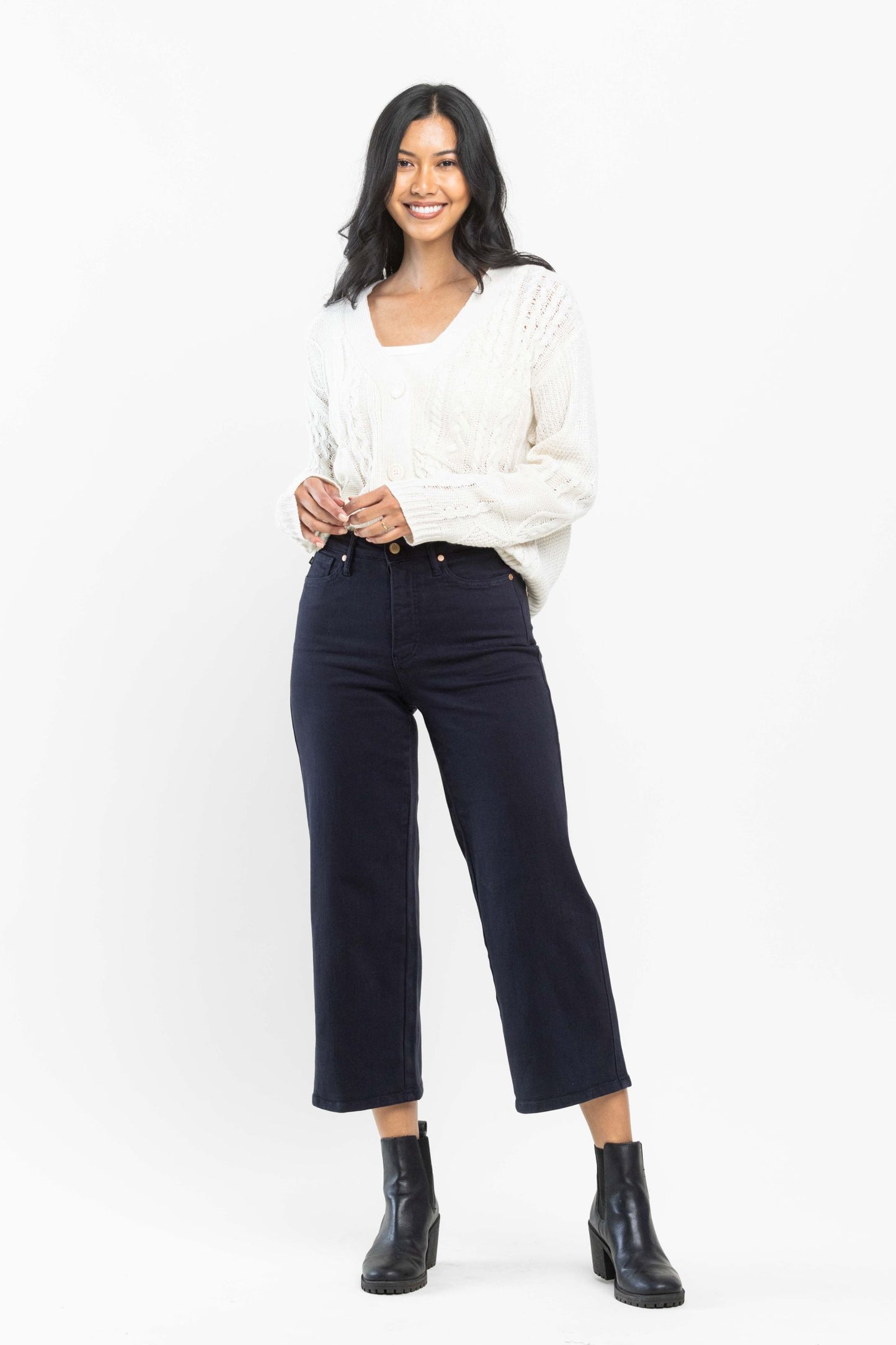 Brewer High Rise Control Top Wide Leg Crop Jeans in Dark Navy