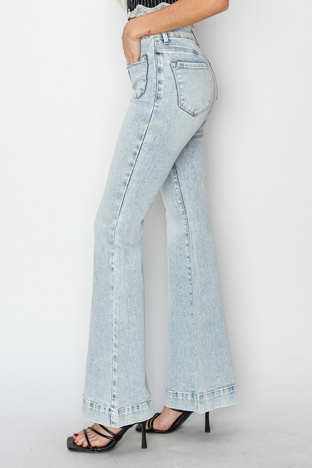 Ava Michelle High Rise Front Patch Pocket Flare Jeans (Tall/Long Friendly)