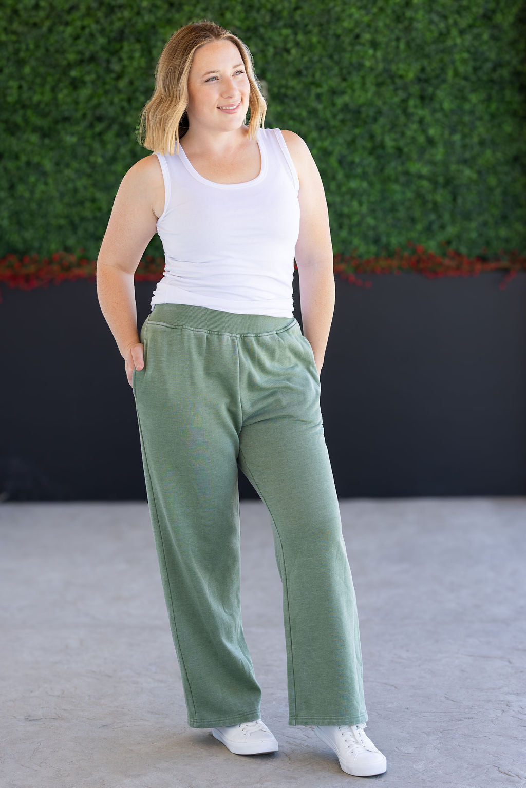 Michelle Mae Wide Leg Vintage Wash Bottoms - Olive