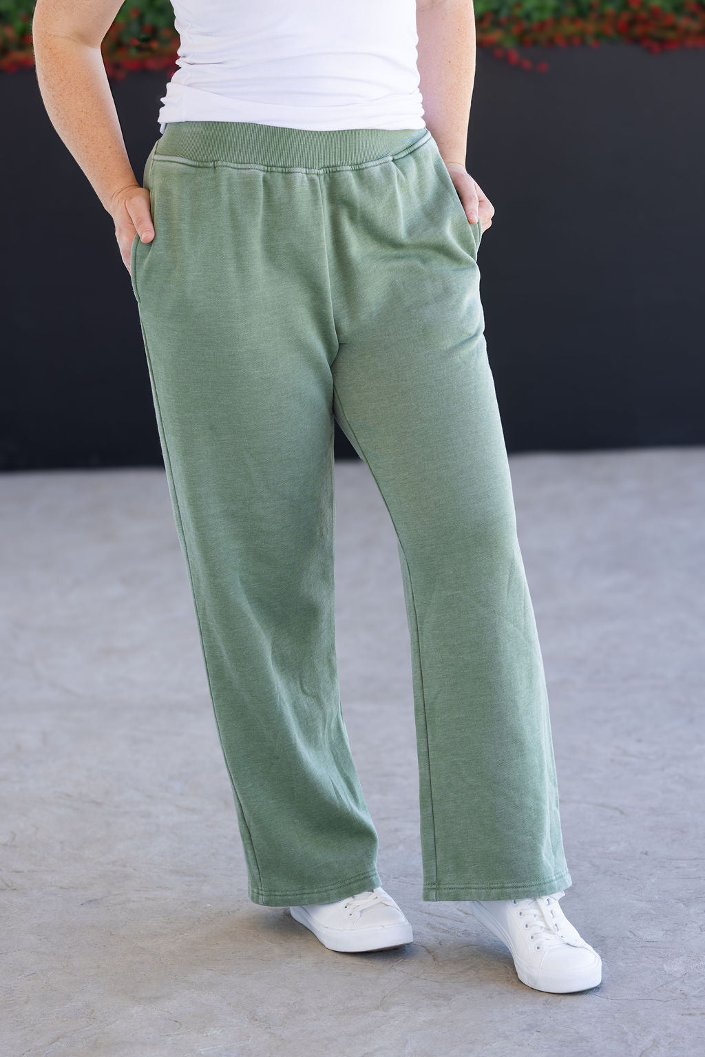 Michelle Mae Wide Leg Vintage Wash Bottoms - Olive