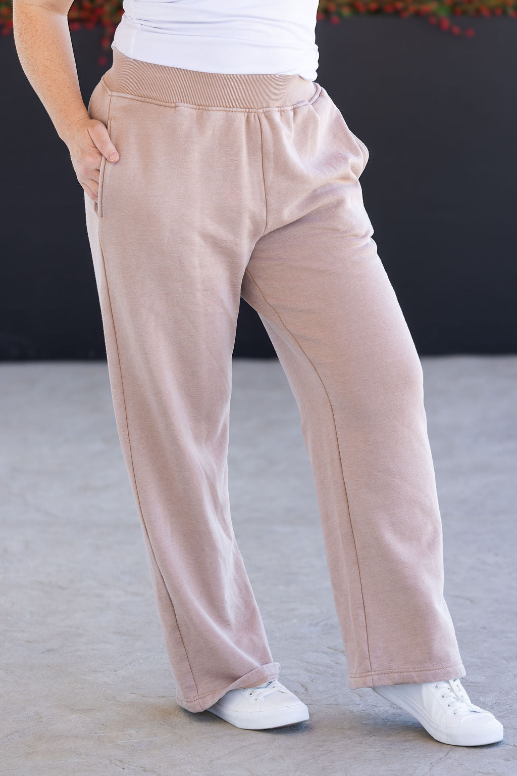 Michelle Mae Wide Leg Vintage Wash Bottoms - Tan