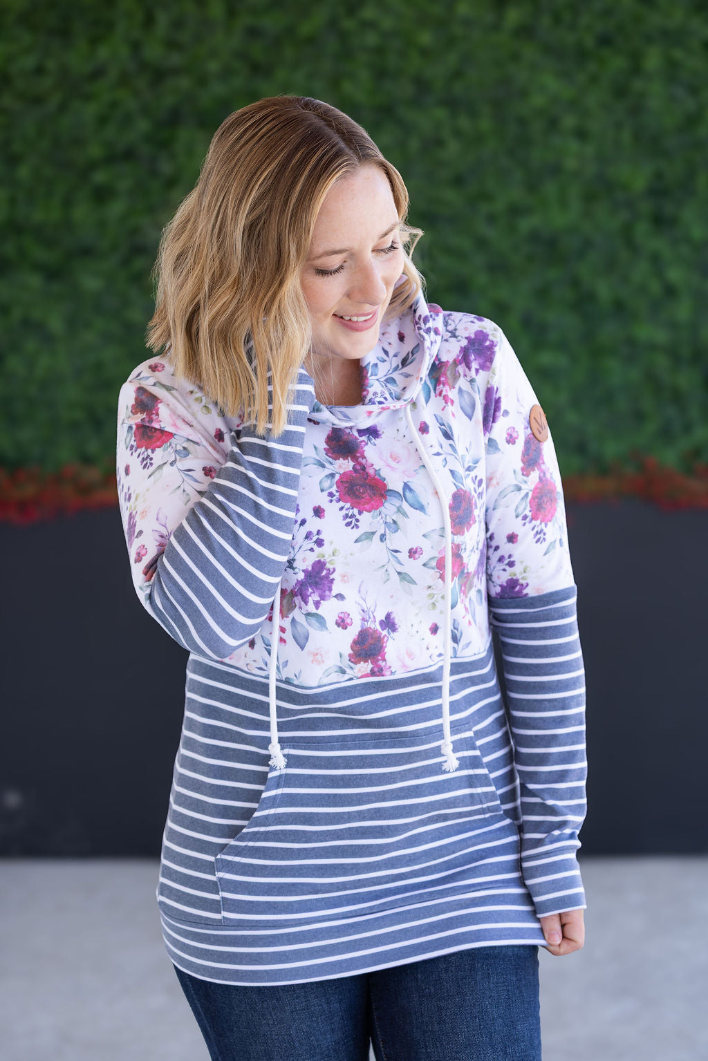 IN STOCK Hailey Pullover Hoodie - Burgundy Bloom and Grey Stripes
