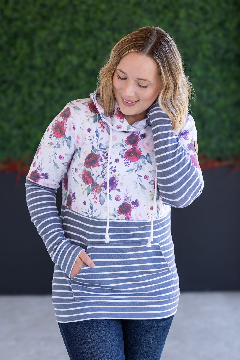 IN STOCK Hailey Pullover Hoodie - Burgundy Bloom and Grey Stripes