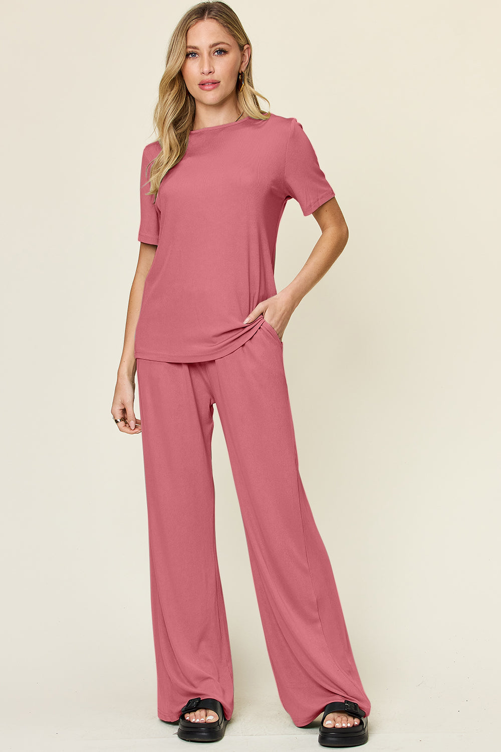 Slinky Short Sleeve Shirt and Wide Leg Pants Set in 4 Colors
