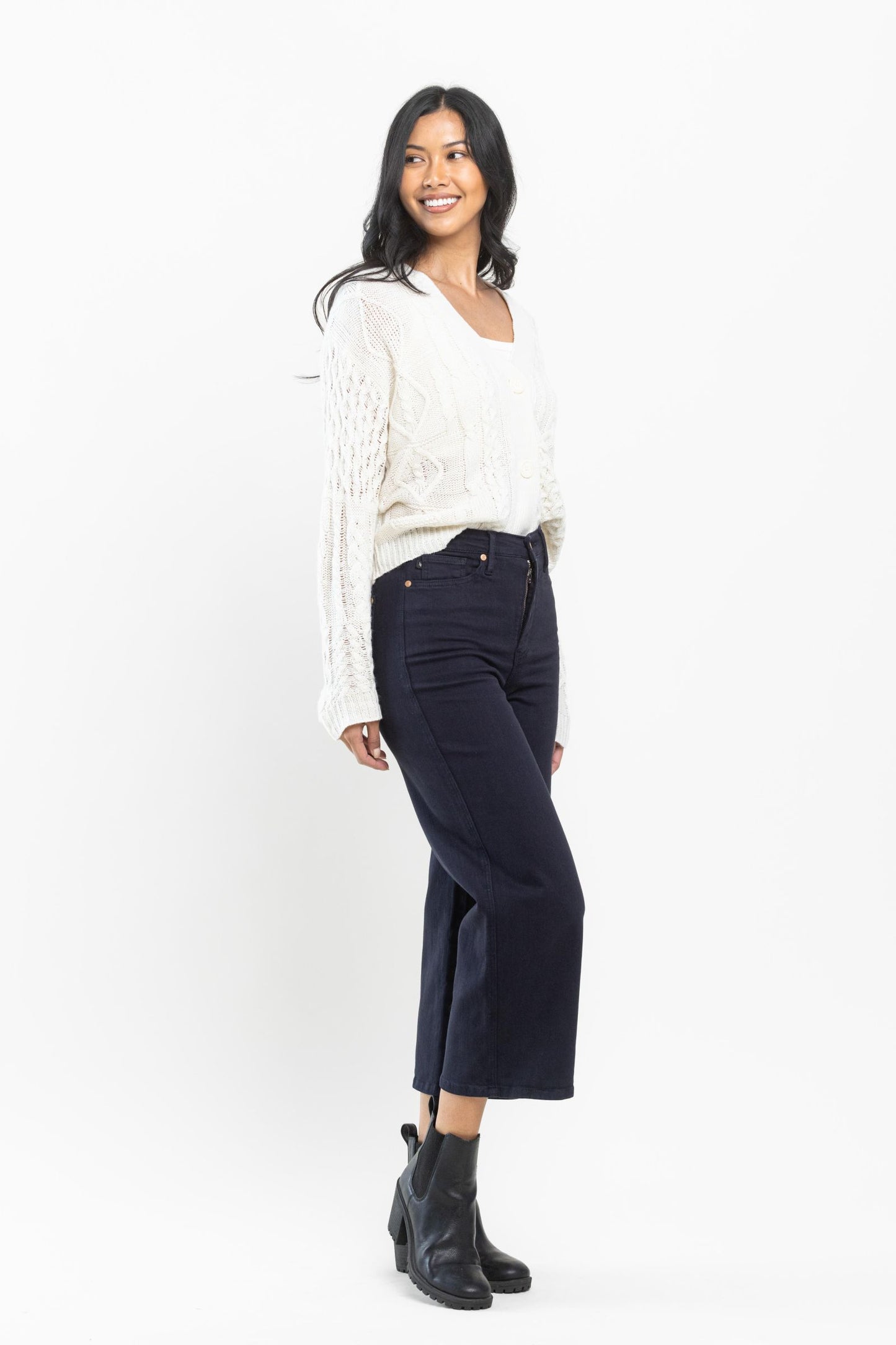 Brewer High Rise Control Top Wide Leg Crop Jeans in Dark Navy