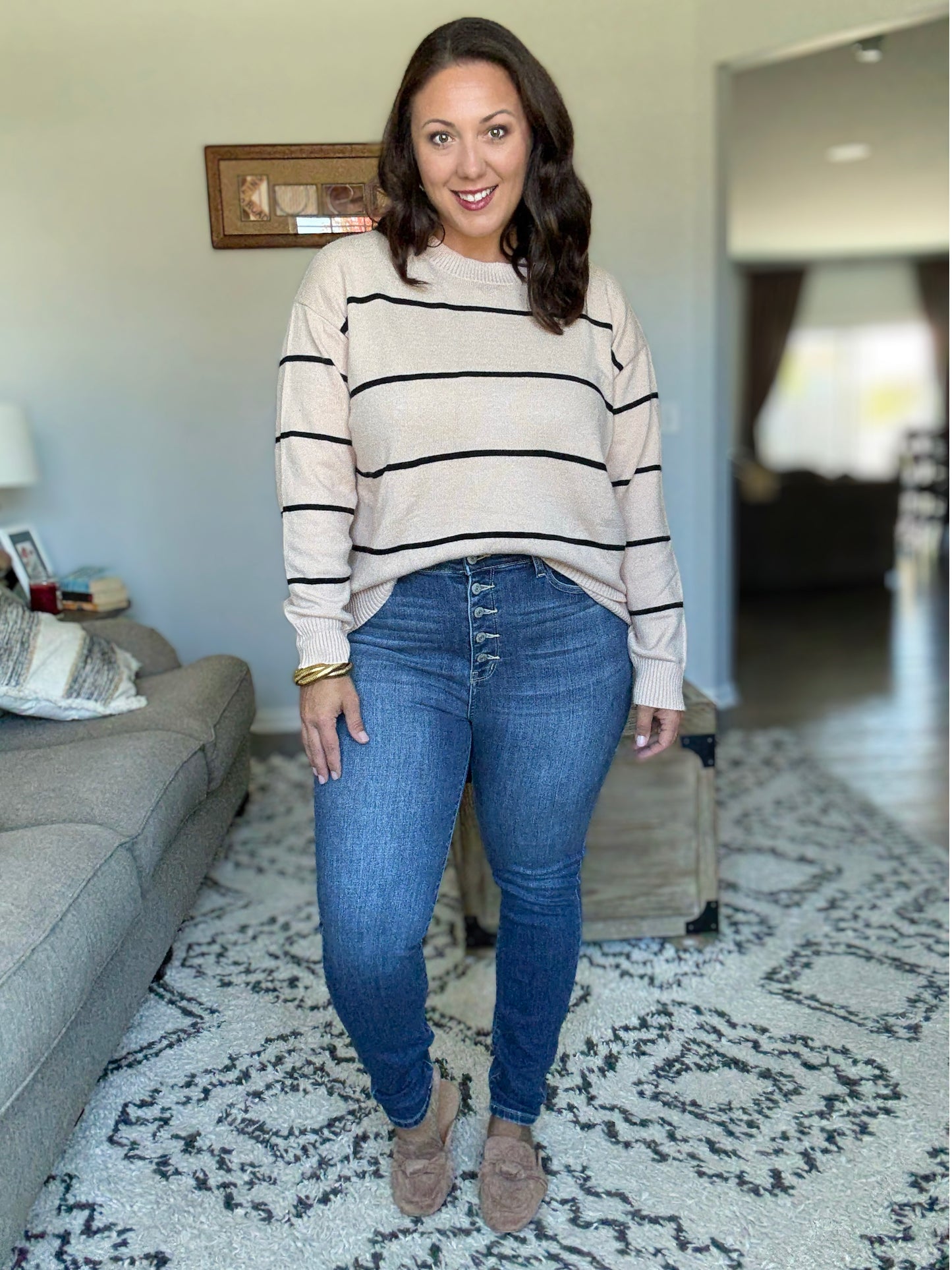 SO ME Striped Crew Neck Essential Sweater in Oatmeal/Black