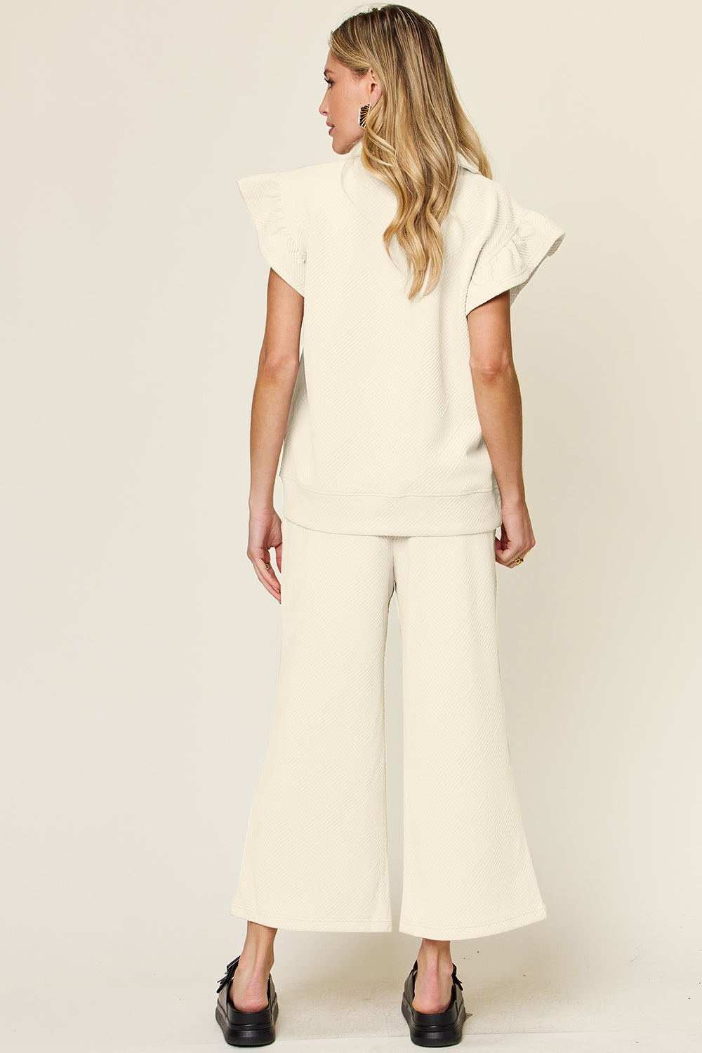 Textured Ruffle Short Sleeve Top and Cropped  Wide Leg Pants Set in 12 Colors