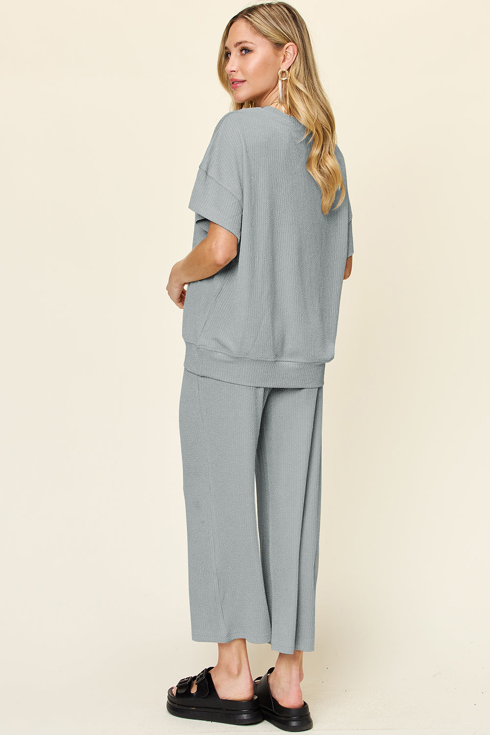 Ribbed Short Sleeve Shirt and Wide Leg Pants Set in in 6 Colors