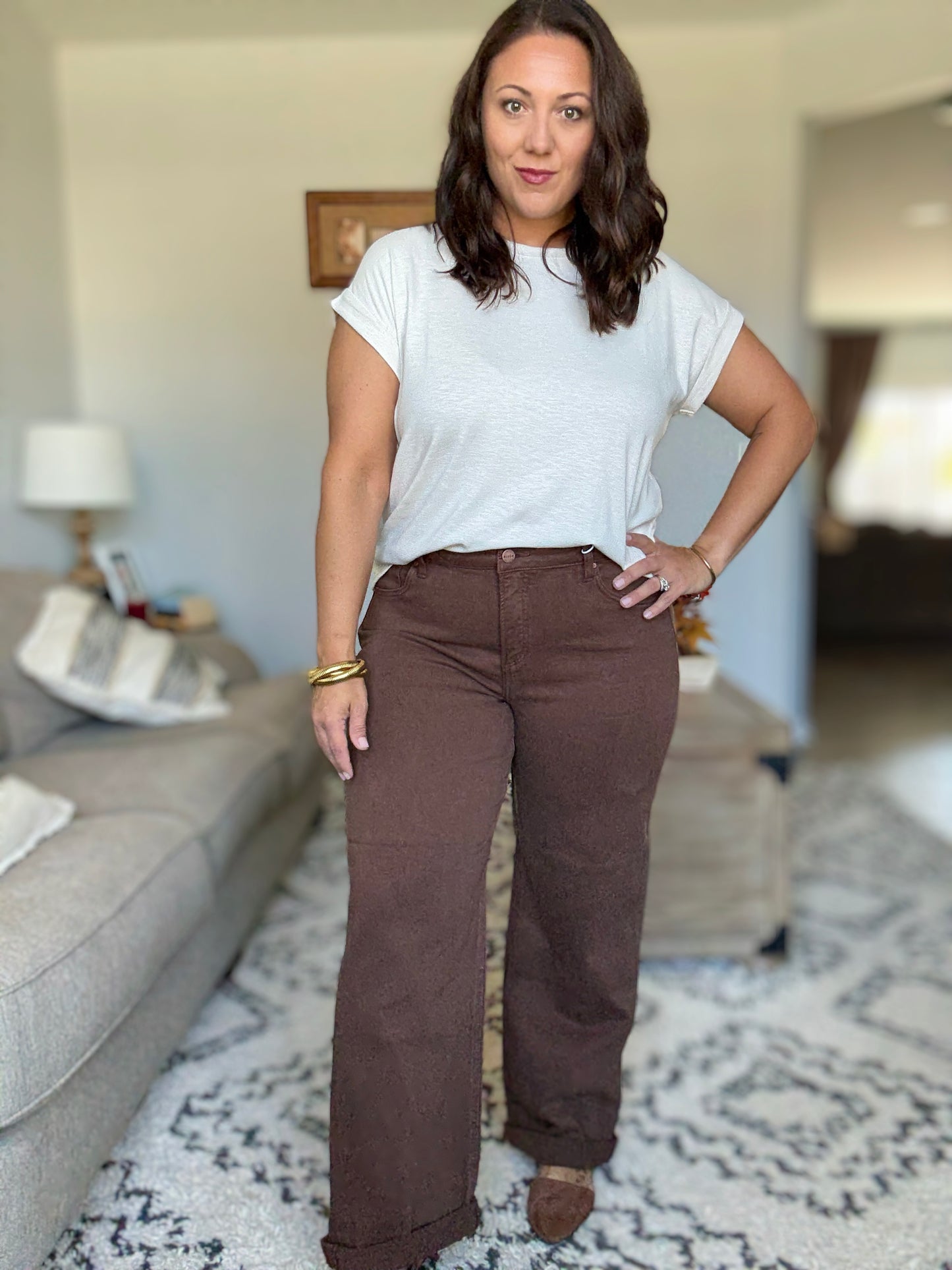 RISEN Full Size Tummy Control Mid Rise Ankle Relaxed Barrel Jeans in Cocoa